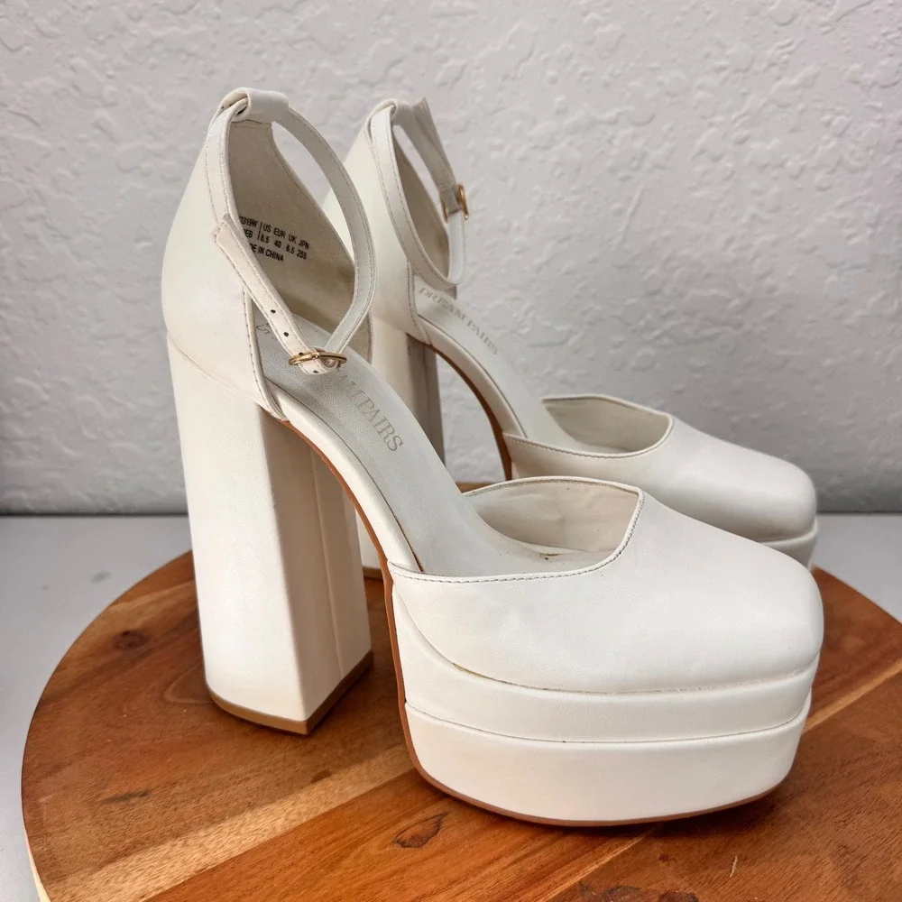 Dream Pairs White Double Platform Chunky Block Heel Square Toe Pumps Size 8.5